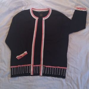 Black cardigan with pink and white detailing